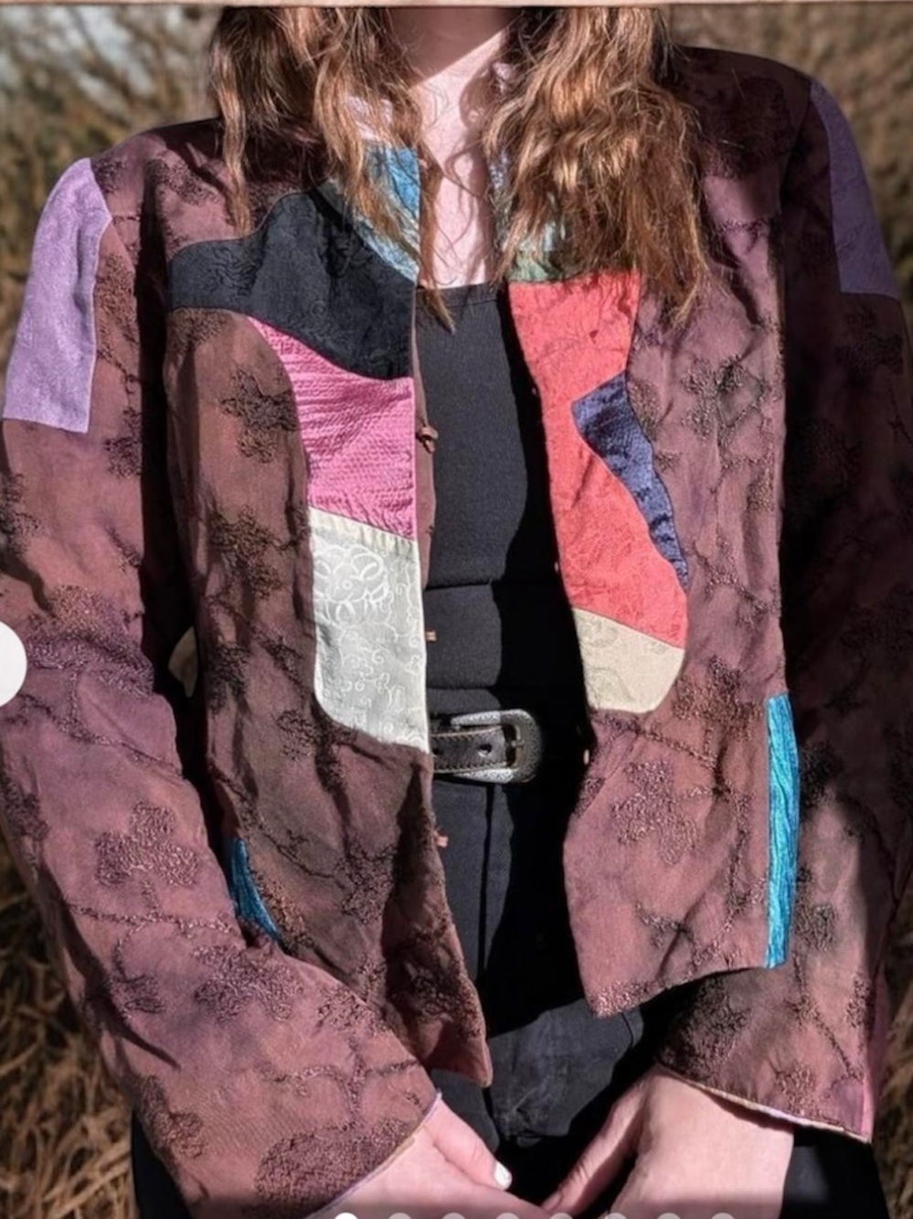 Chico’s Brown Silk Artsy Multicolor Patchwork Mandarin Collar Open Front Jacket